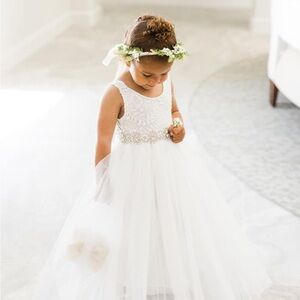 White Flower Girl Dress with Silver Accents